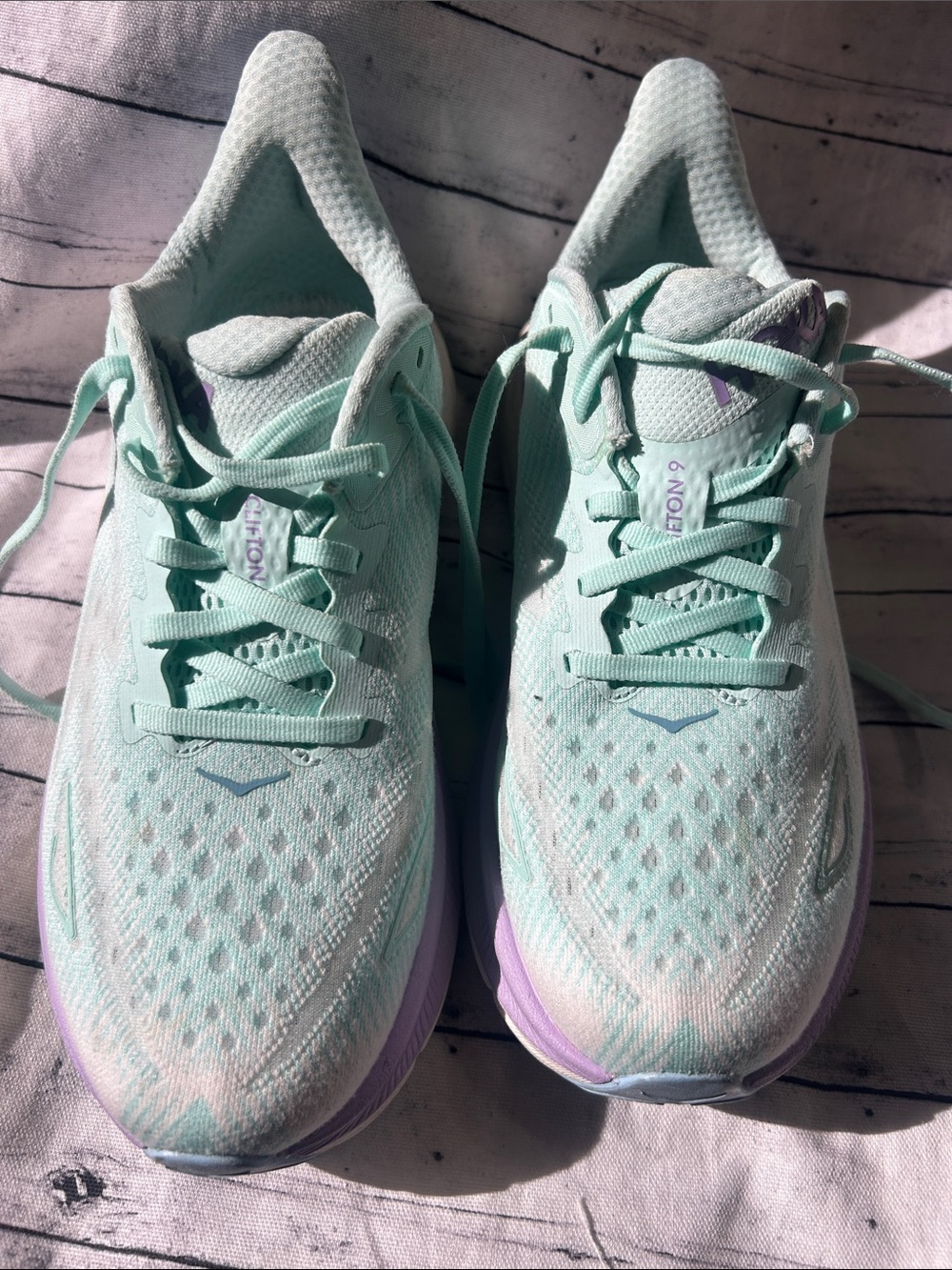 Hoka Women's Clifton Athletic Shoes in Mint and Lavender - Picture 2 of 8